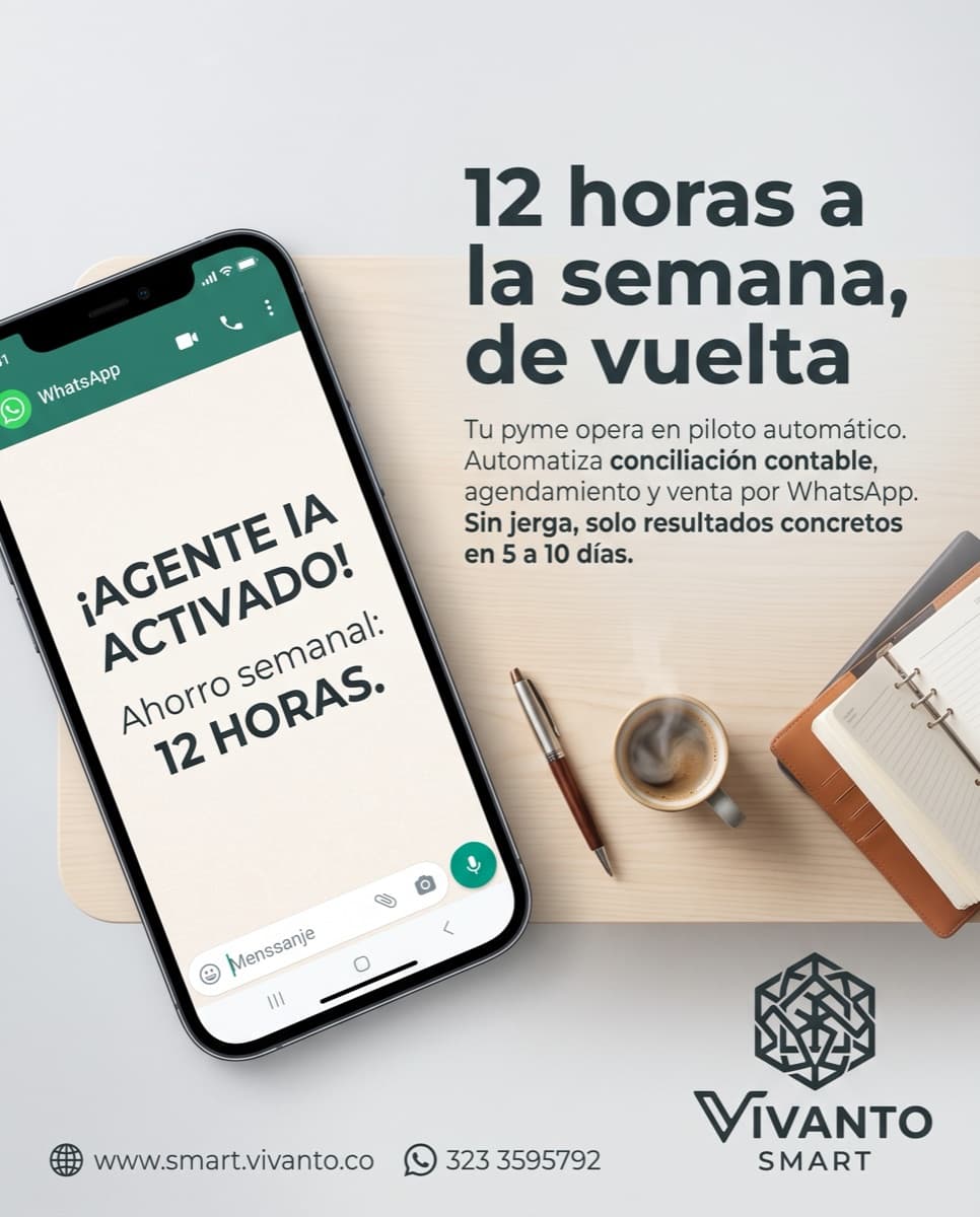 Celular con agente de IA activado en WhatsApp junto a café y agenda sobre escritorio de madera