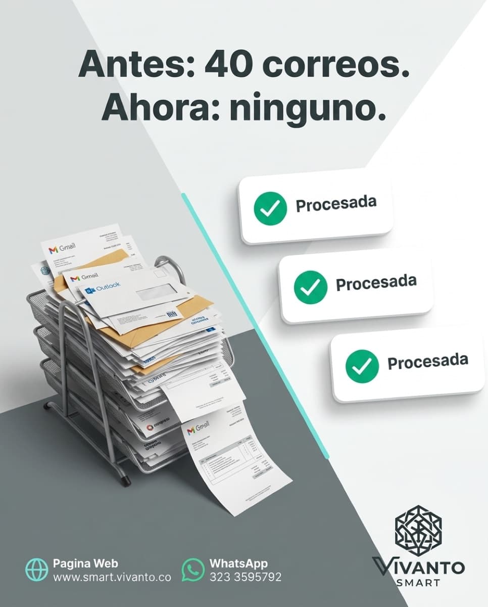 Bandeja repleta de correos con facturas frente a documentos ya procesados automáticamente por la IA
