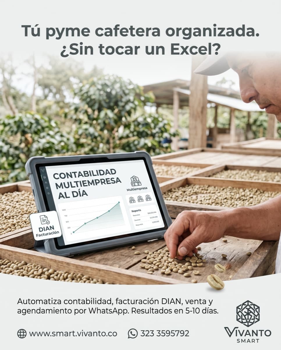 Caficultor colombiano revisa granos junto a tablet con contabilidad multiempresa y facturación DIAN
