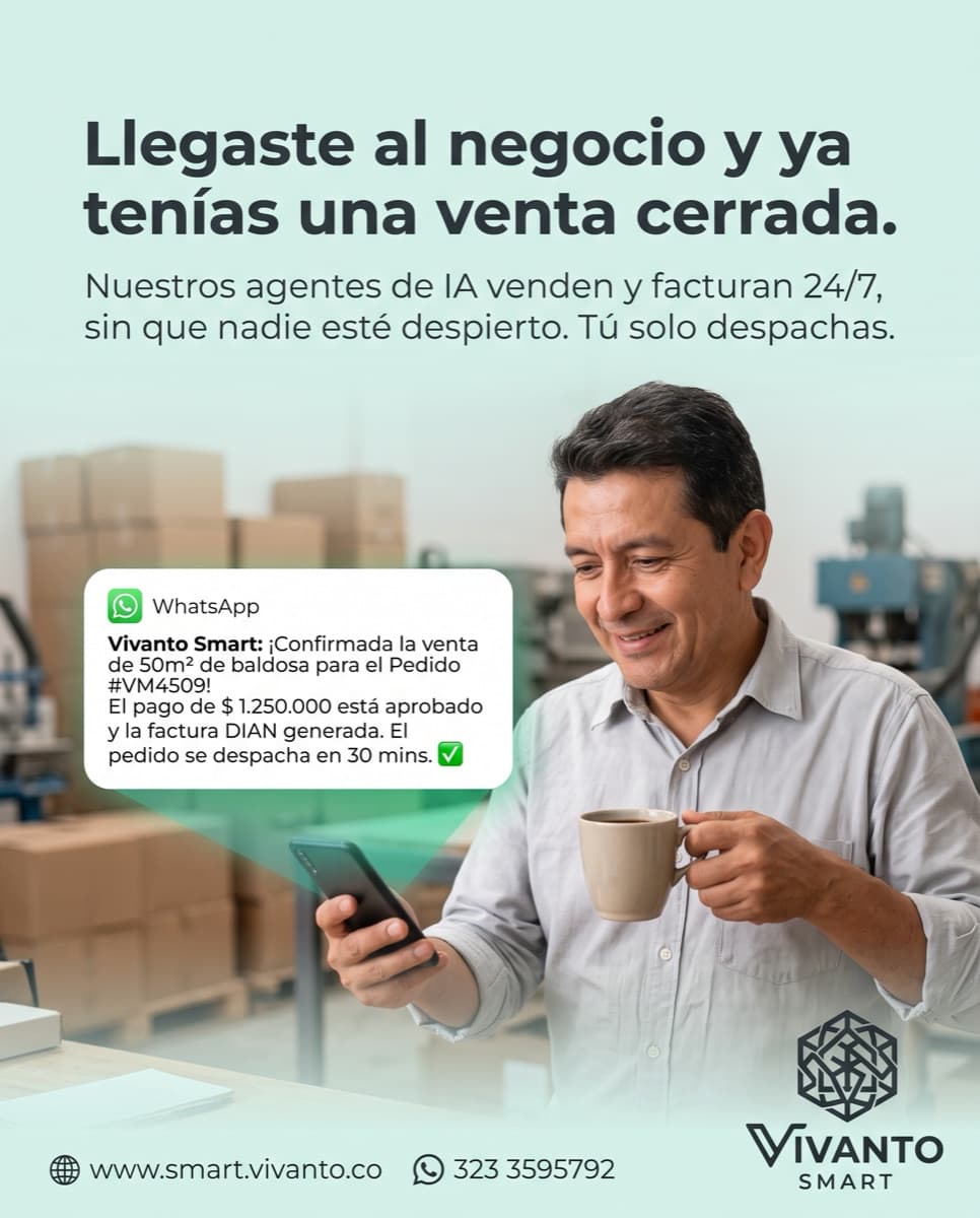 Empresario en su bodega de materiales recibe por WhatsApp la confirmación de venta y factura DIAN