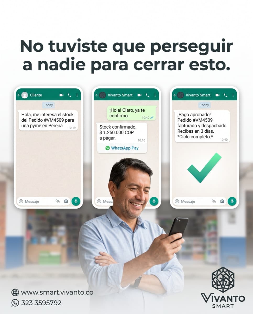 Comerciante sonriente revisa en WhatsApp el ciclo completo de venta cobro y despacho automatizado